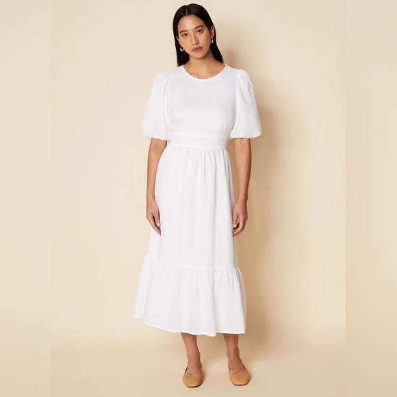 Faithfull the Brand Janielle White Puff Sleeve Linen Midi Maxi Dress - Picture 1 of 10